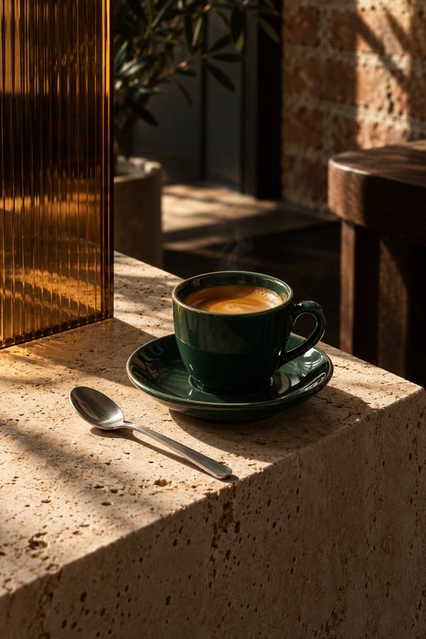 Deep green espresso cup on stone, with warm architectural light and brushed steel