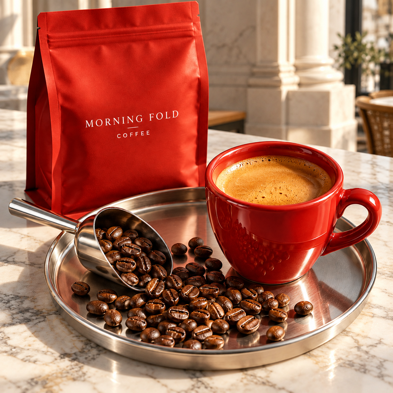 Morning Fold concept: red coffee pouch and espresso cup with roasted beans on a marble cafe counter