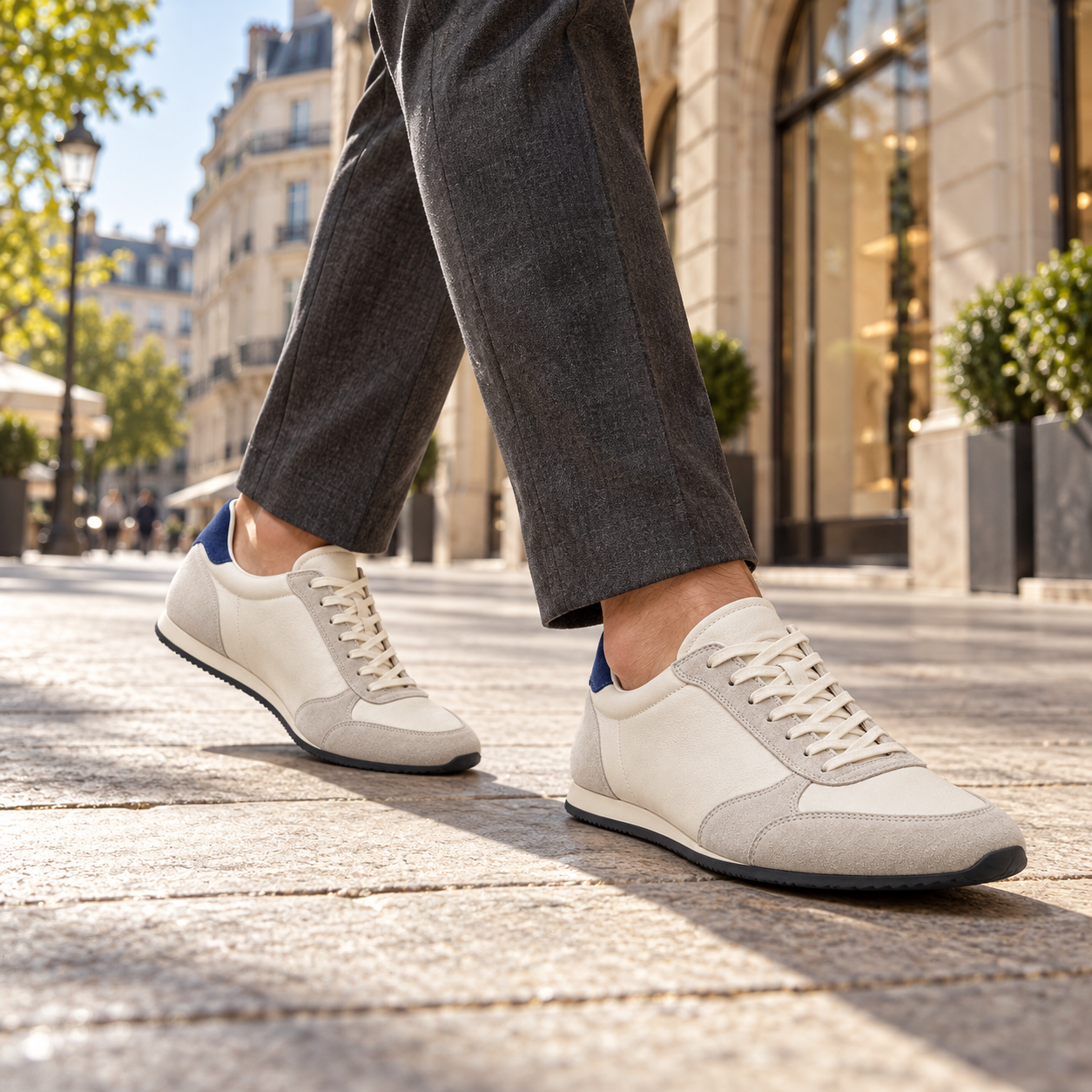 Sideform concept: trainers worn while walking along a city street